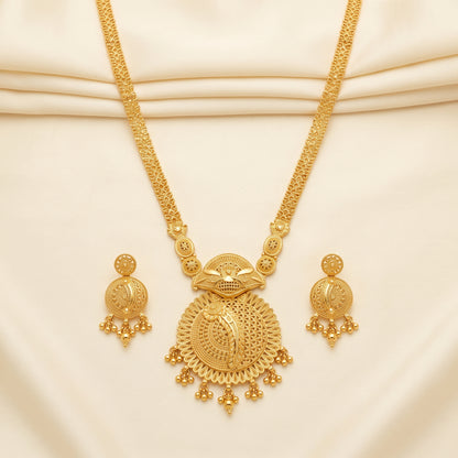 Gold Tone Traditional Long Necklace & Earrings Set – Statement Indian Jewellery