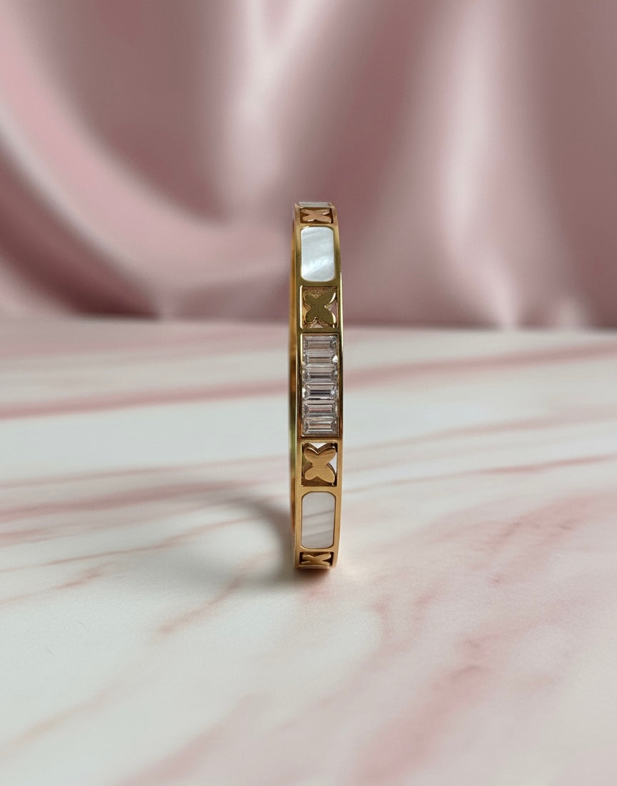 Butterfly & Crystal Inlay Bangle Bracelet – Mother of Pearl & Gold Finish