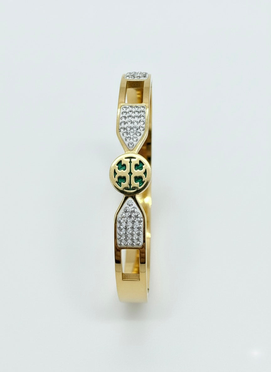 Gold Plated Green Emblem Crystal Bangle Bracelet