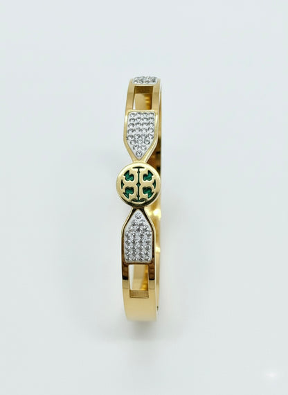 Gold Plated Green Emblem Crystal Bangle Bracelet