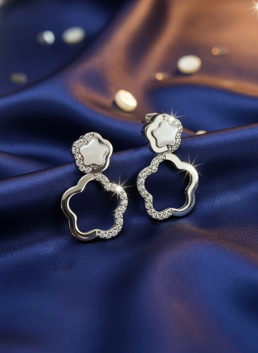 Elegant Clover Drop Earrings – Silver with Mother of Pearl & Cubic Zirconia