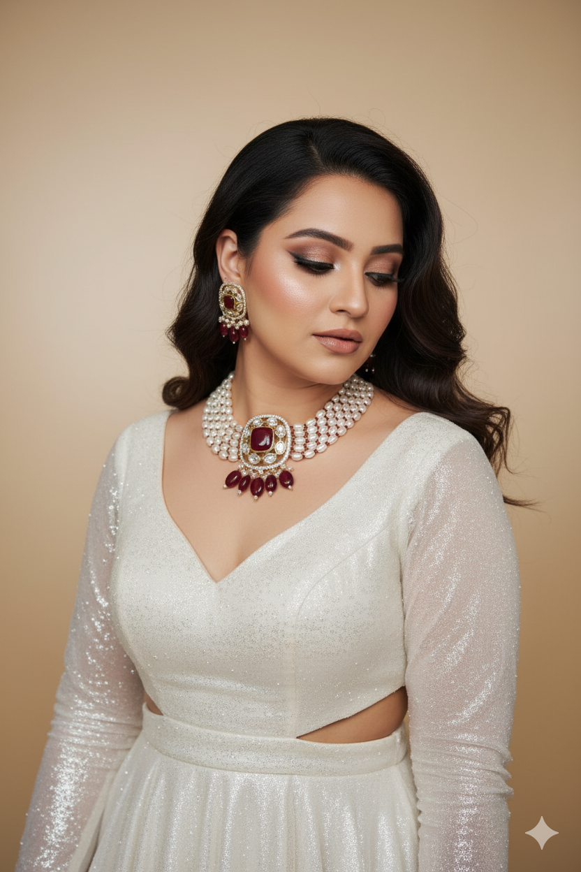 Ruby Red Kundan Pearl Choker Necklace Set