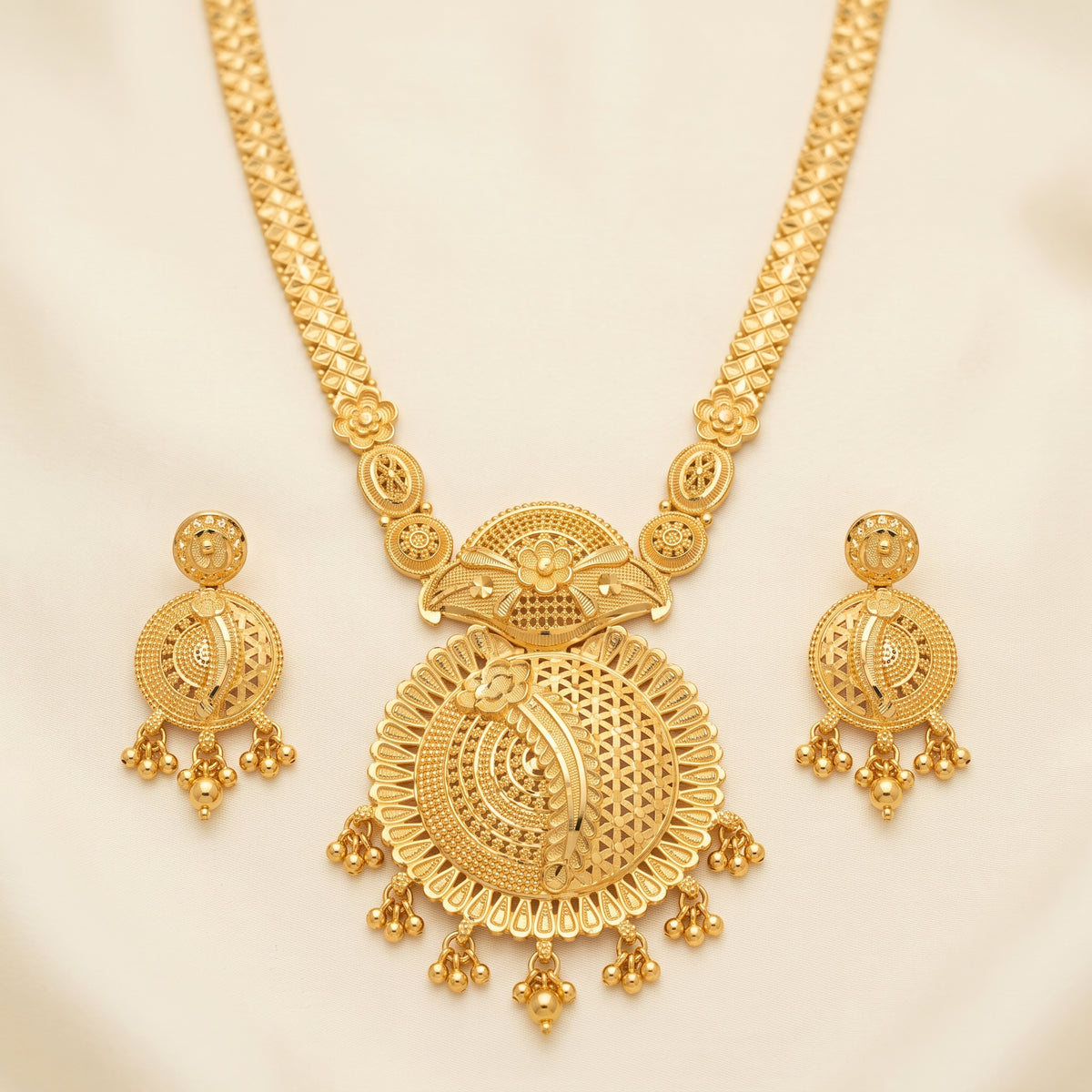 Gold Tone Traditional Long Necklace & Earrings Set – Statement Indian Jewellery