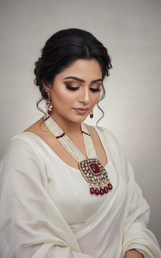Elegant Ruby & Pearl Layered Necklace Set