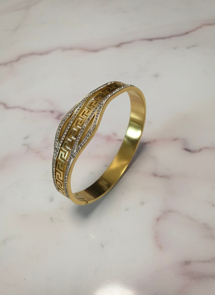 Greek Key Wave Bangle – Dual Tone with Crystals | Premium Gold Finish | Tarnish-Free