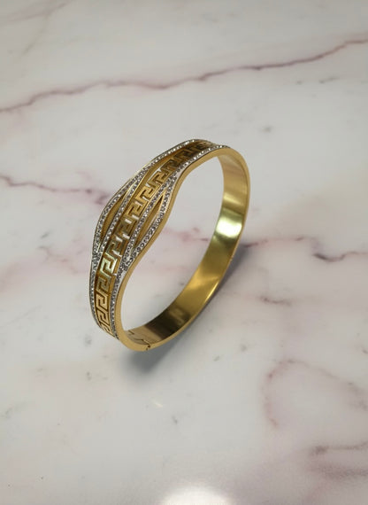 Greek Key Wave Bangle – Dual Tone with Crystals | Premium Gold Finish | Tarnish-Free
