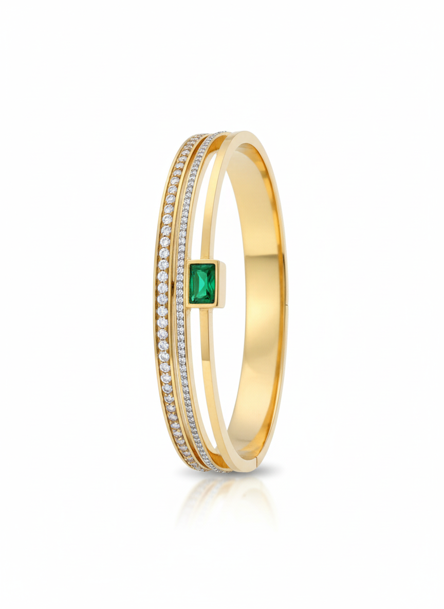 Gold-Plated Emerald & Diamond-Inspired Bangle