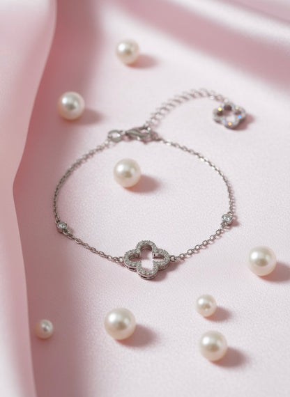 Silver Clover Bracelet with Cubic Zirconia Detailing