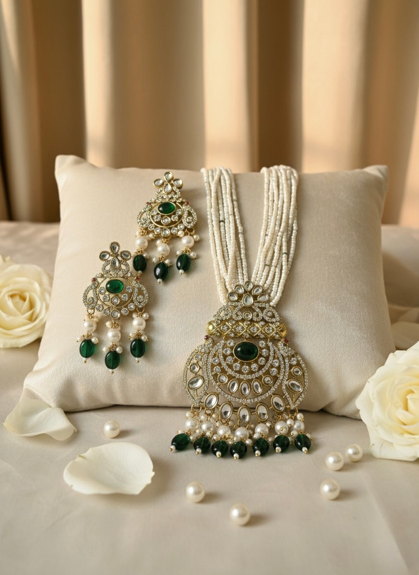 Emerald Kundan Pearl Necklace Set