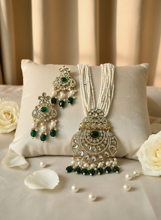 Emerald Kundan Pearl Necklace Set