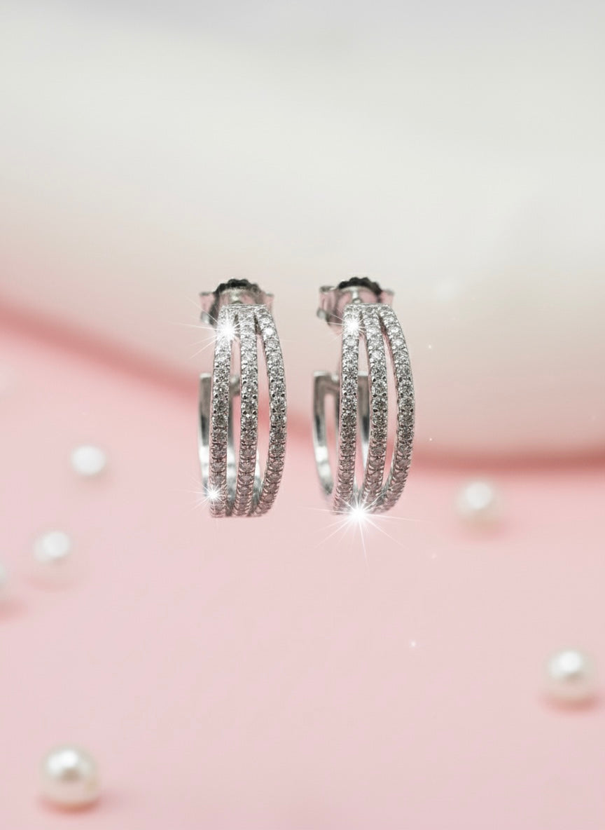 Triple Row Hoop Earrings with Cubic Zirconia