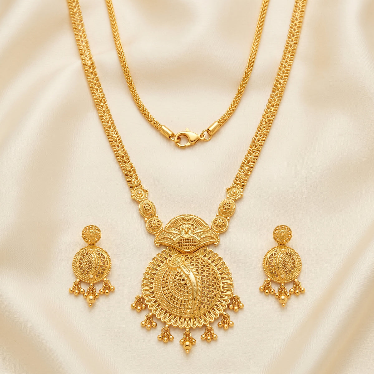 Gold Tone Traditional Long Necklace & Earrings Set – Statement Indian Jewellery