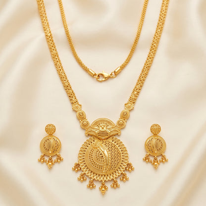 Gold Tone Traditional Long Necklace & Earrings Set – Statement Indian Jewellery