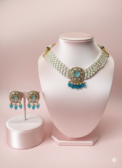 Aqua Blue Kundan Pearl Choker Necklace Set