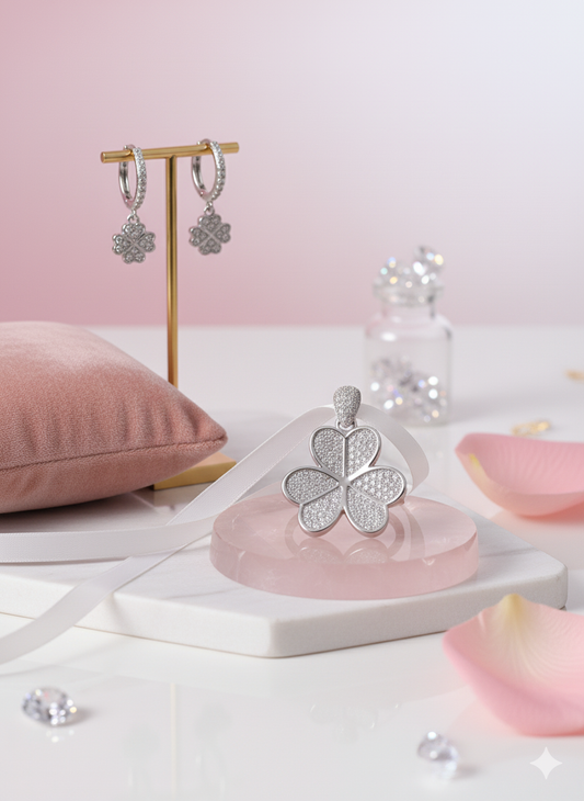 925 Sterling Silver Hallmarked Four-Leaf Clover Jewellery Set – Pendant, Earrings & Ring