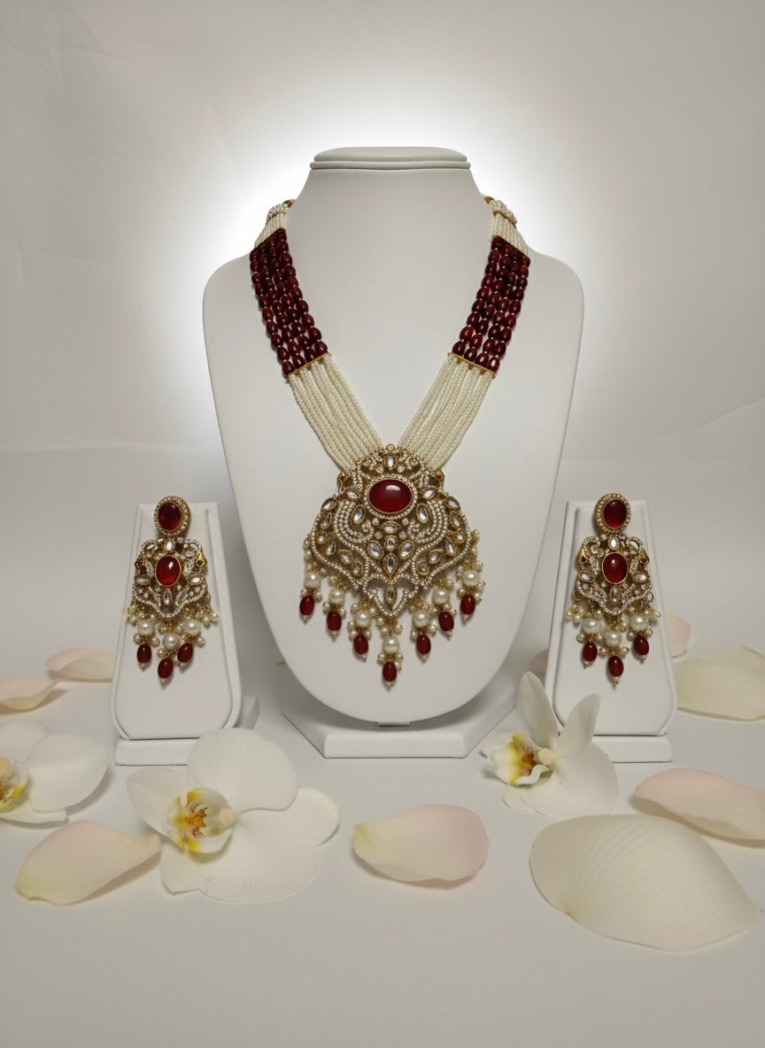 Royal Red & Pearl Bridal Necklace Set