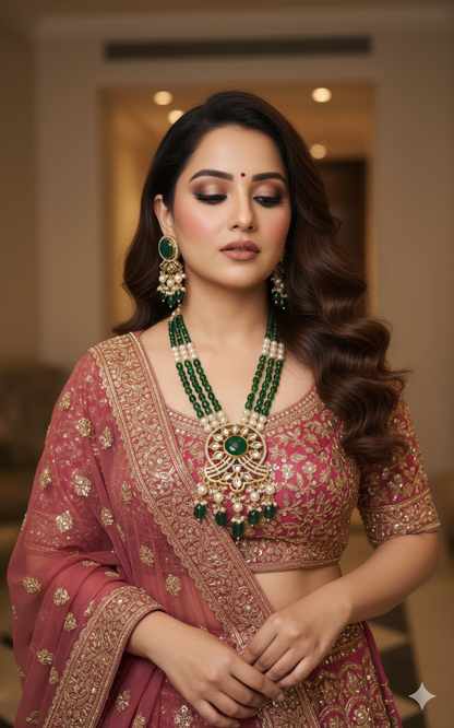 Emerald Green Kundan Pearl Necklace Set