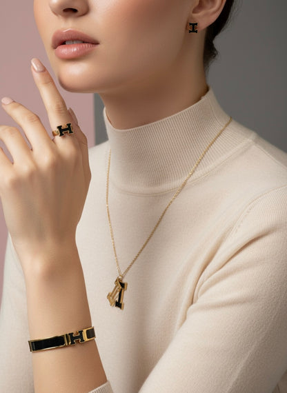 Luxury Black & Gold Jewellery Set – 4 Pieces | Tarnish-Free | Premium Designer Finish