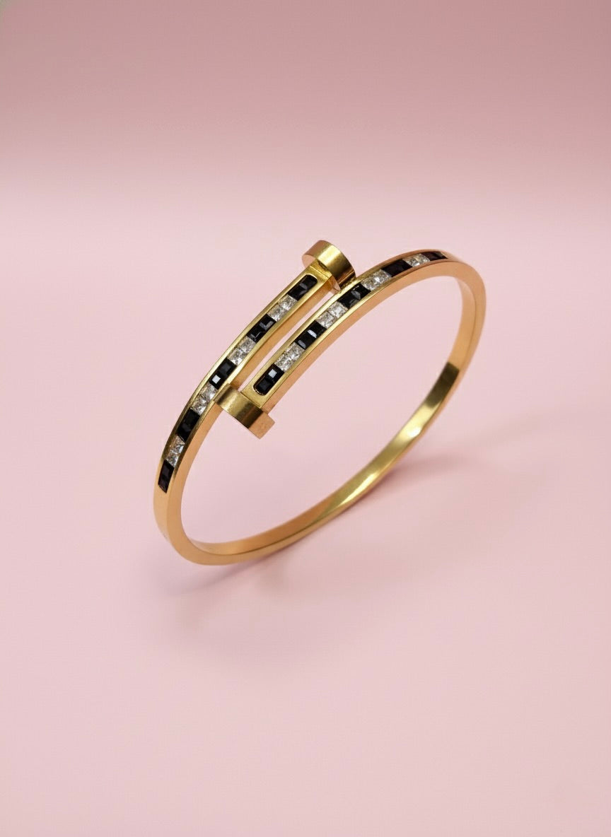 Elegant Gold-Plated Black & White Stone Bangle