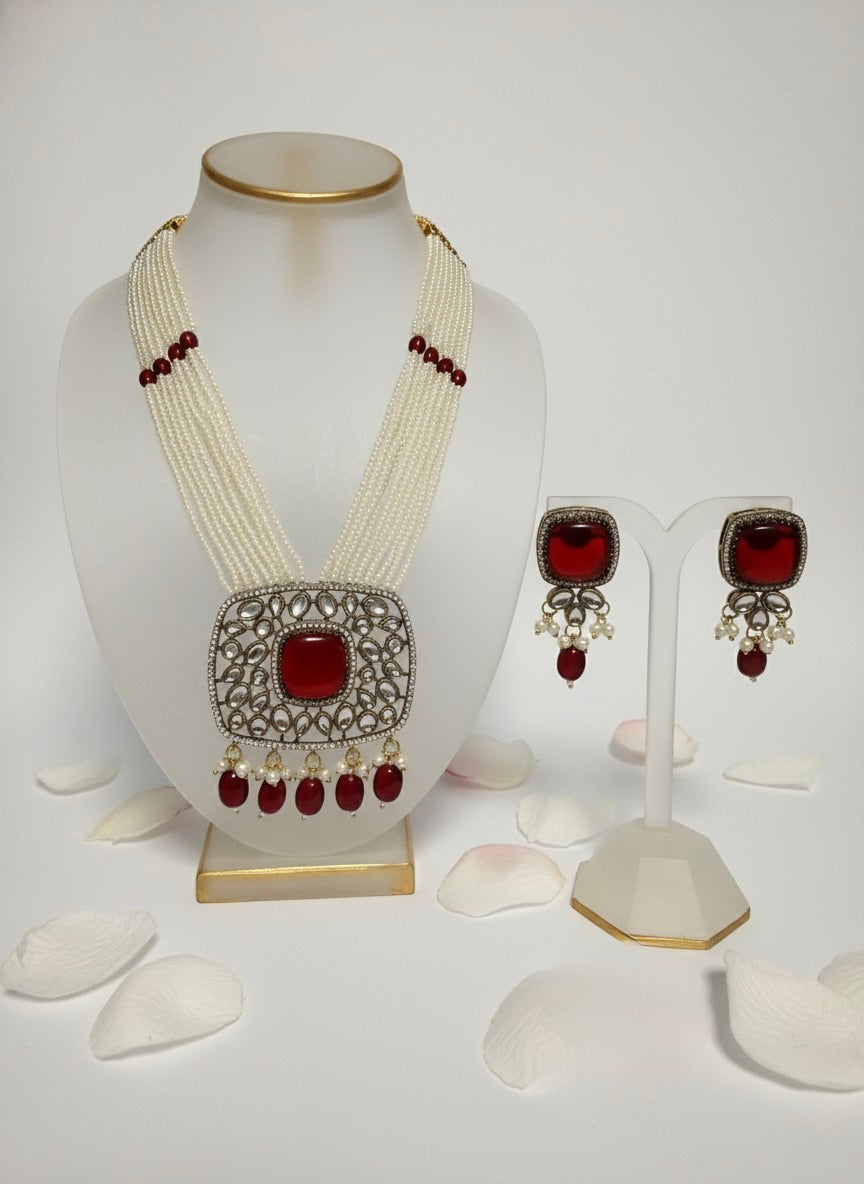 Elegant Ruby & Pearl Layered Necklace Set