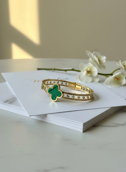 Gold-Plated Green Clover Malachite-Inspired Bangle
