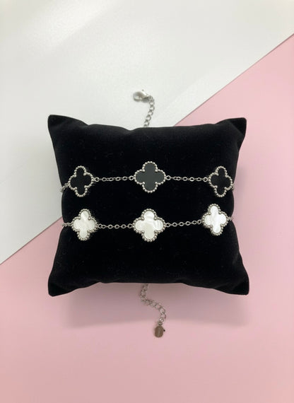 Adjustable Double-Layer Clover Bracelet – Silver Finish