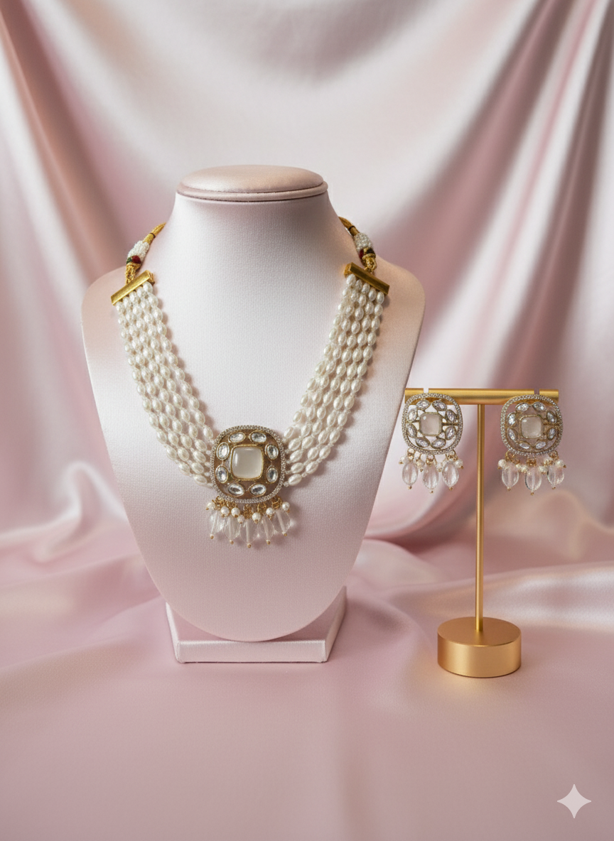 Ivory Kundan Pearl Choker Necklace Set