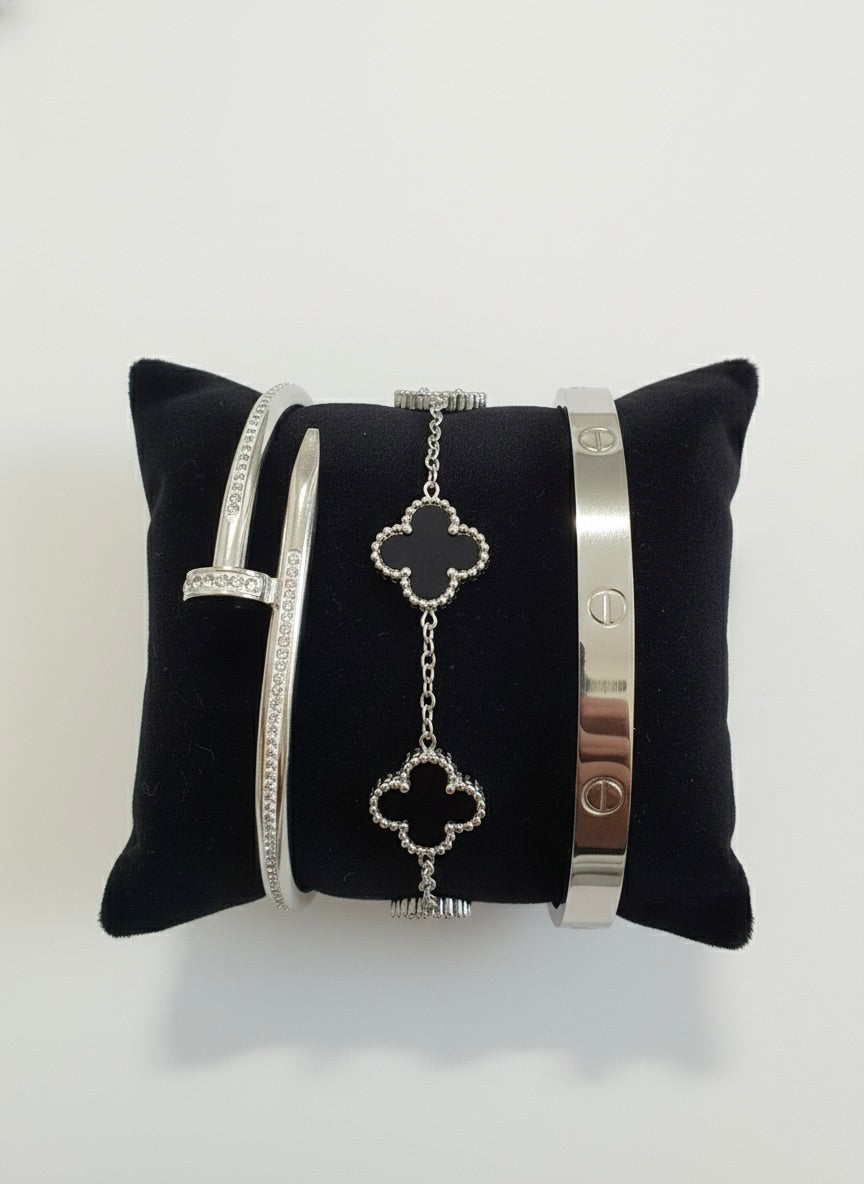 Luxury Clover & Bangle Bracelet Set – Silver Finish