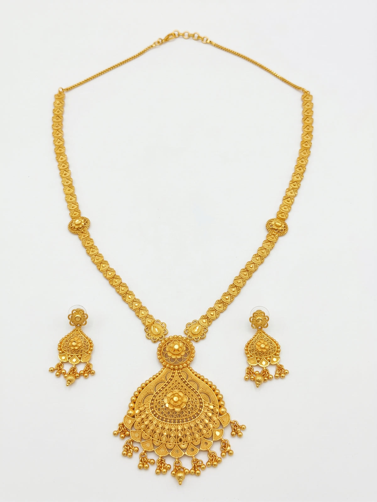 Gold Tone Traditional Long Necklace & Earrings Set – Statement Indian Jewellery