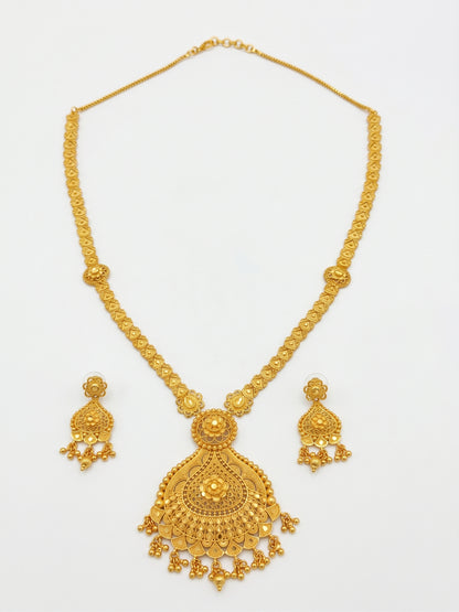 Gold Tone Traditional Long Necklace & Earrings Set – Statement Indian Jewellery
