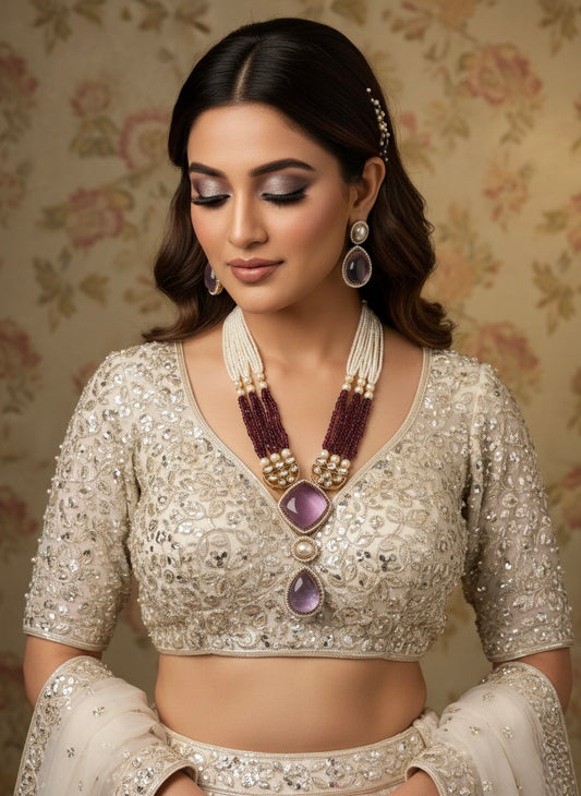 Purple Kundan Necklace and Earrings Jewellery Set