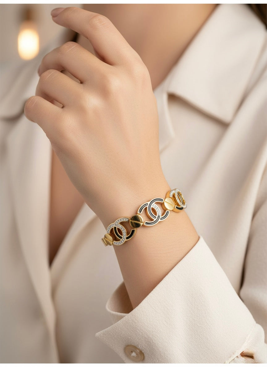 Elegant Gold Plated Black Enamel Designer Bangle Bracelet