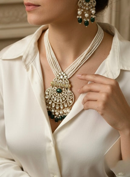 Emerald Kundan Pearl Necklace Set