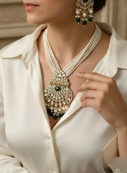 Emerald Kundan Pearl Necklace Set