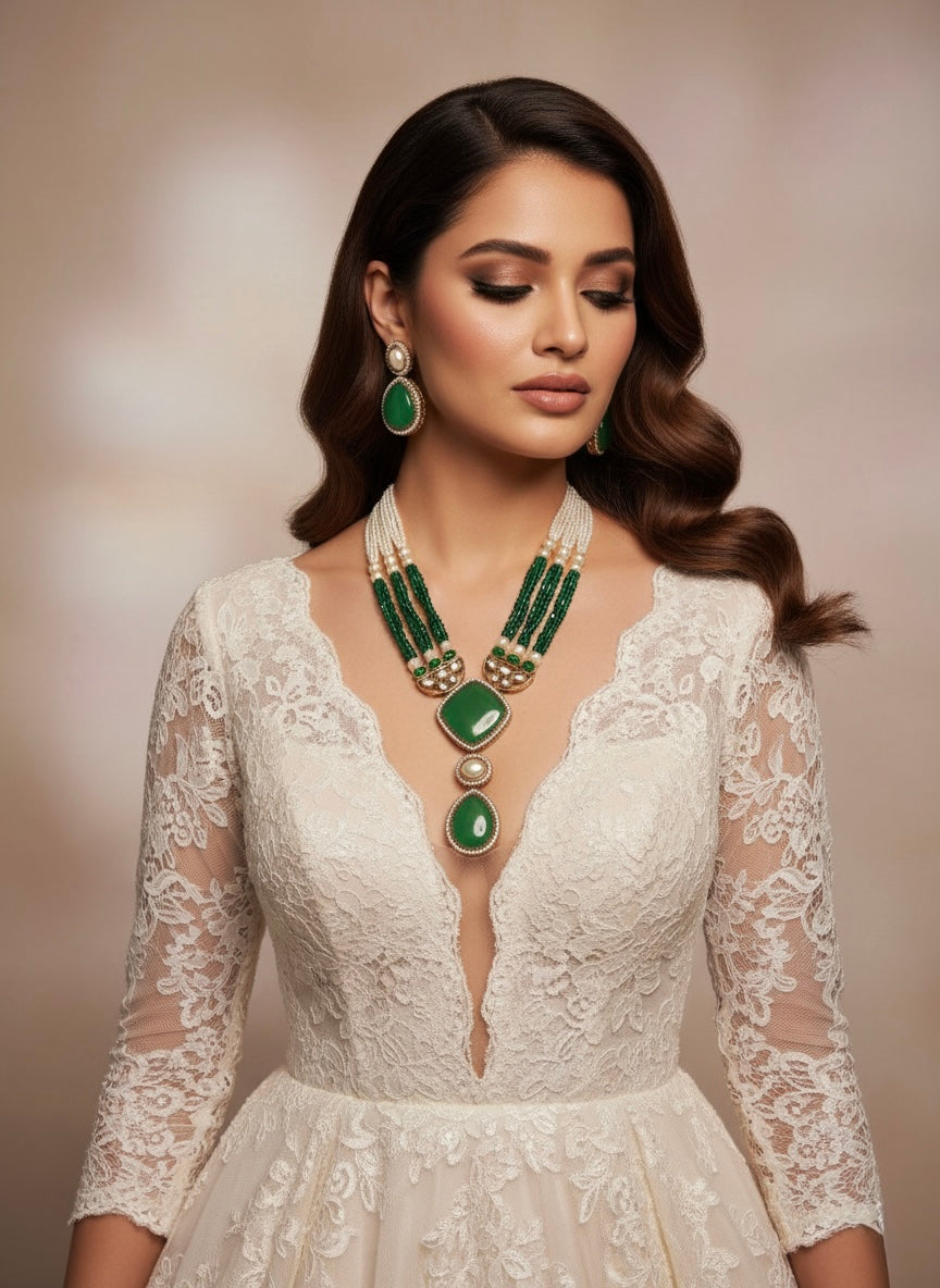 Green Kundan Necklace and Earrings Jewellery Set