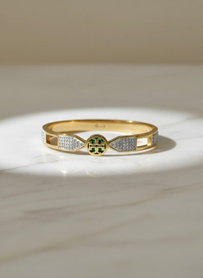 Gold Plated Green Emblem Crystal Bangle Bracelet