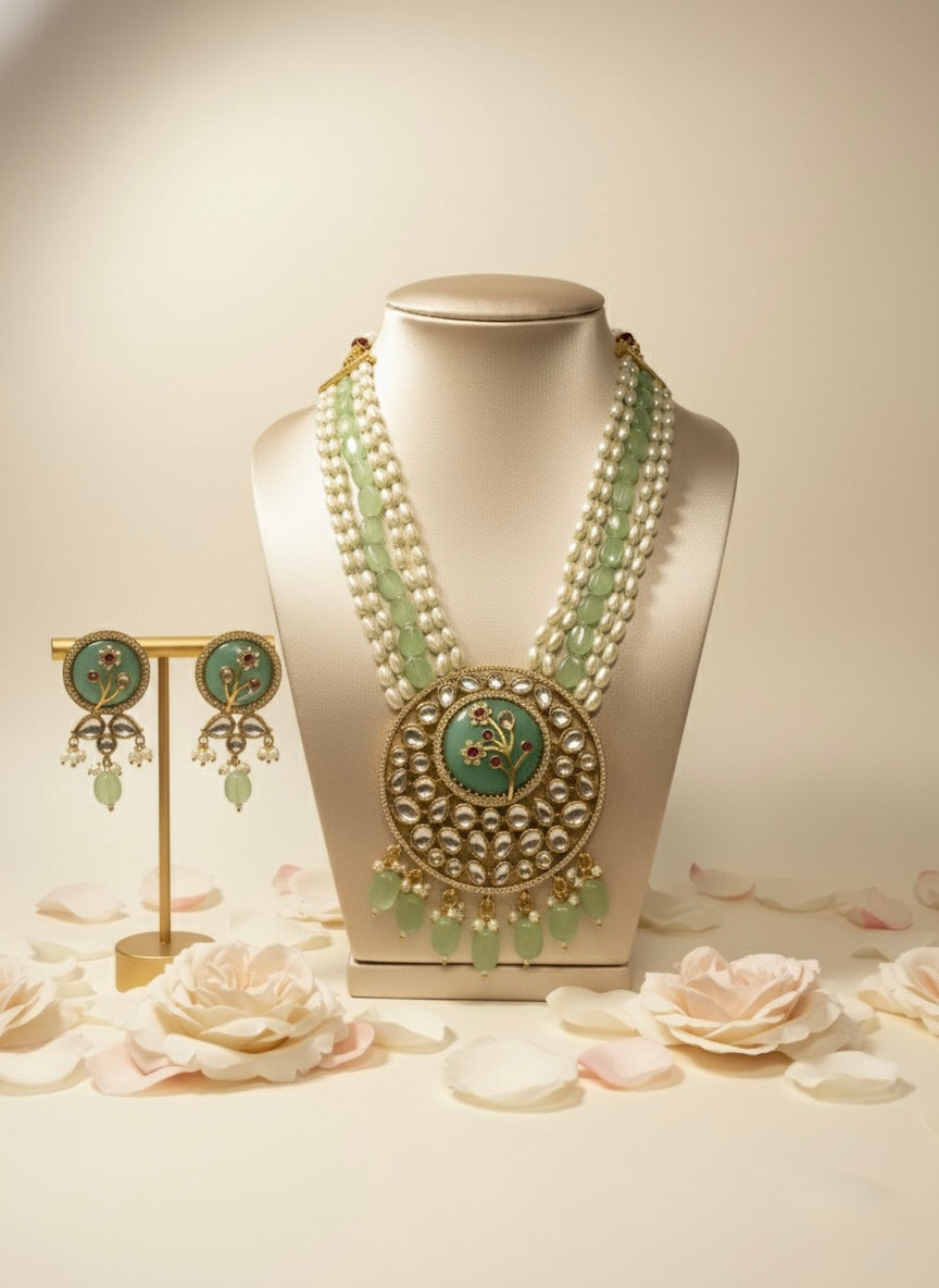 Pastel Green Pearl & Kundan Statement Jewellery Set