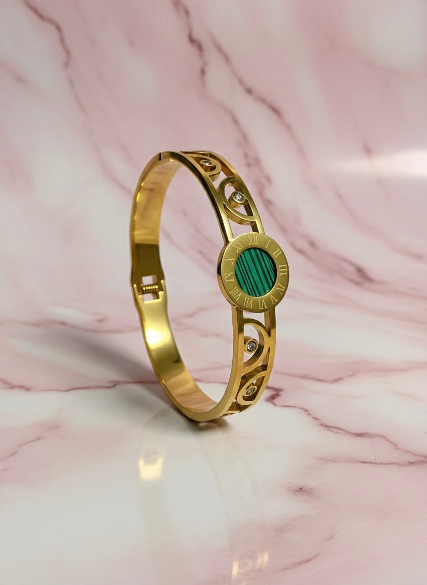 Green Dial Roman Numeral Bangle – Premium Gold Finish | Tarnish-Free | Designer Cut-Out Style