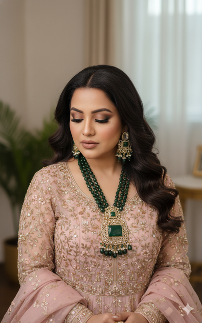 Emerald Green Square Kundan Pearl Necklace Set