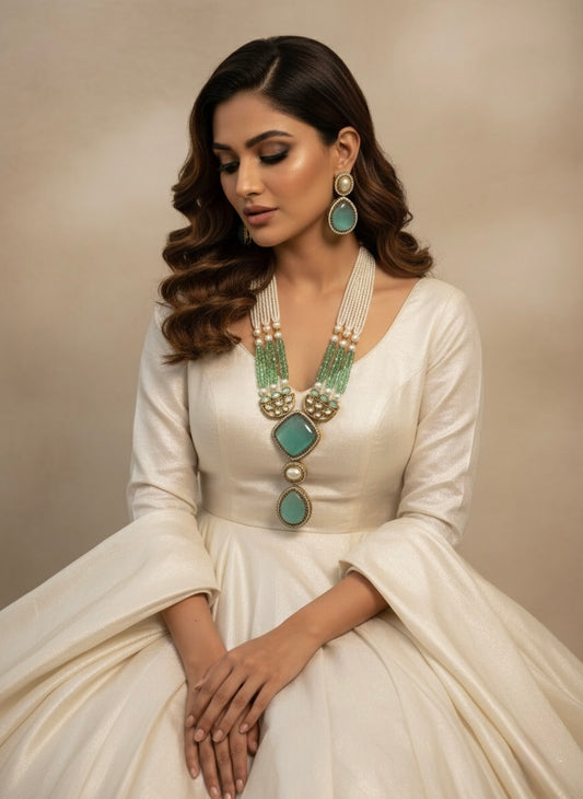Mint Green Kundan Necklace and Earrings Jewellery Set