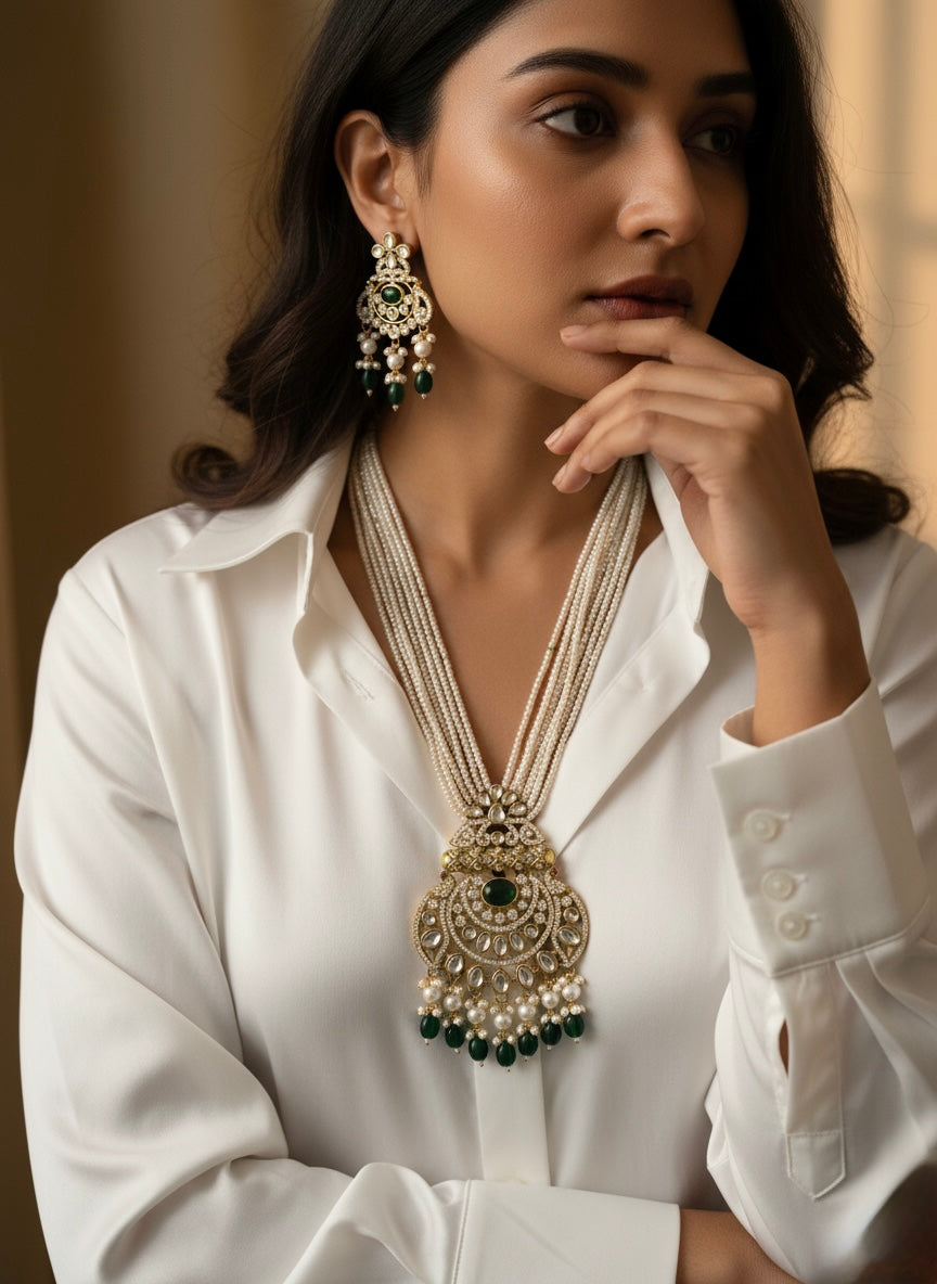 Emerald Kundan Pearl Necklace Set