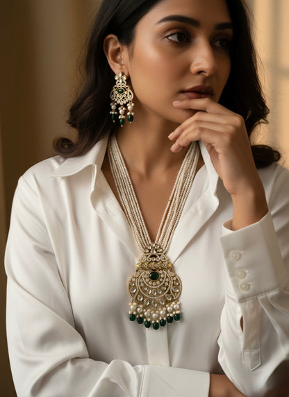 Emerald Kundan Pearl Necklace Set