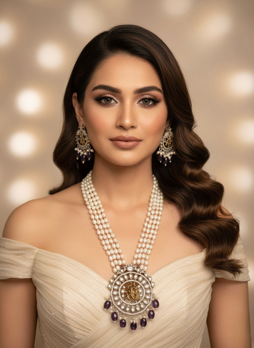 Majestic Pearl & Amethyst Temple Jewellery Set