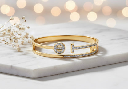 Key & Circle Crystal Bangle Bracelet – Luxury Gold Finish