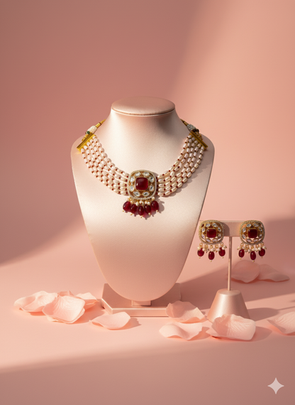 Ruby Red Kundan Pearl Choker Necklace Set
