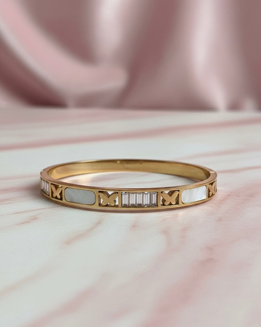 Butterfly & Crystal Inlay Bangle Bracelet – Mother of Pearl & Gold Finish