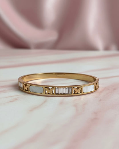 Butterfly & Crystal Inlay Bangle Bracelet – Mother of Pearl & Gold Finish