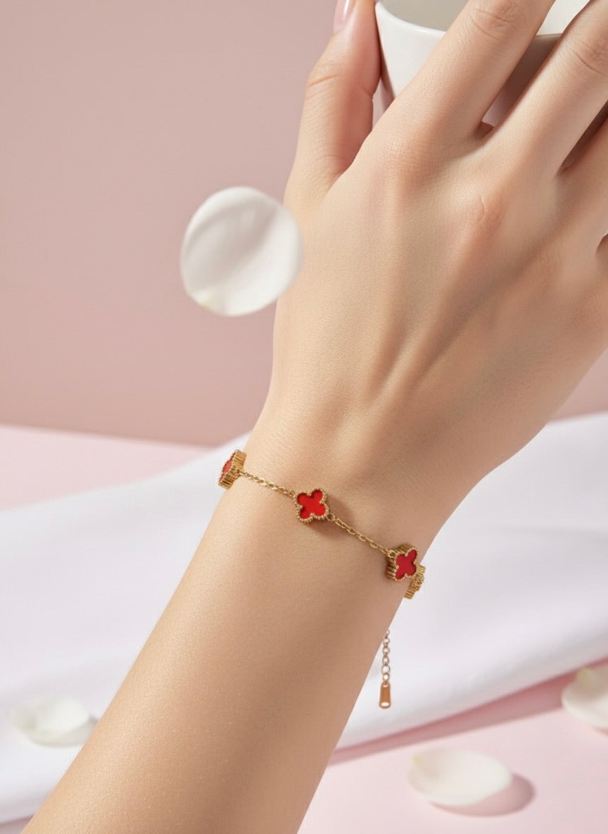 Gold-Plated Red Clover Charm Bracelet