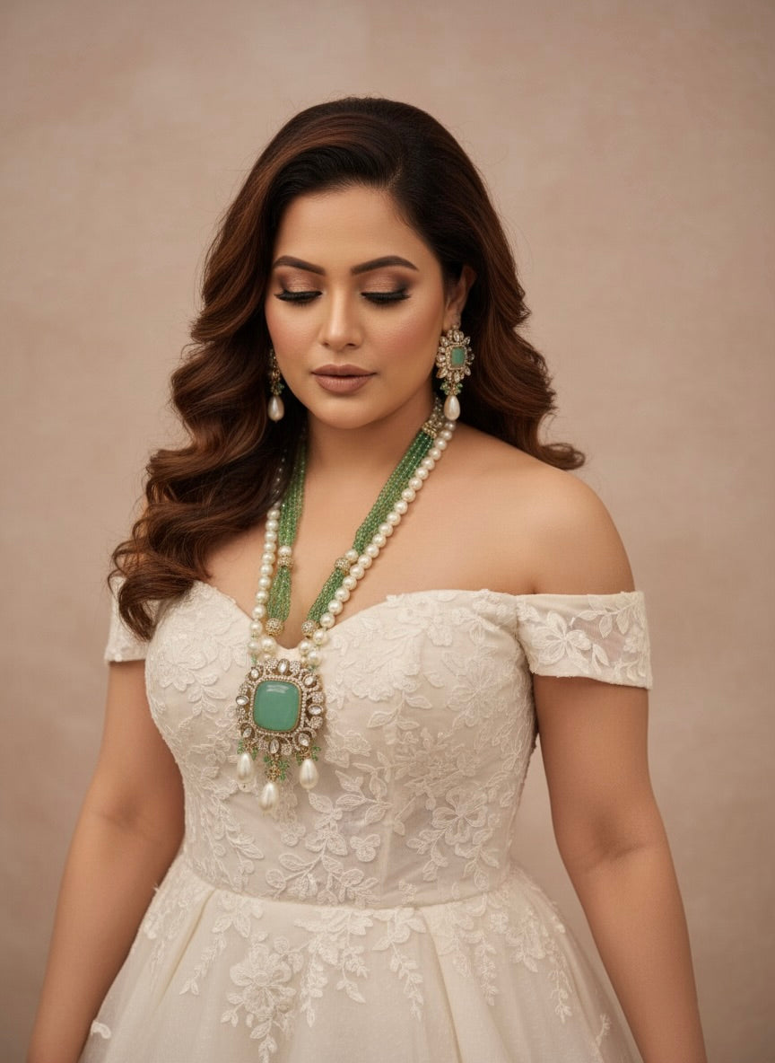 Mint Green & Pearl Layered Necklace Set