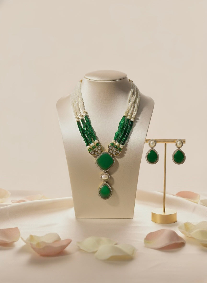 Green Kundan Necklace and Earrings Jewellery Set